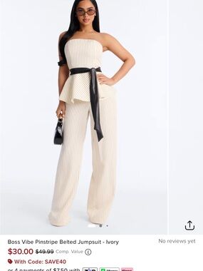 Ivory Pinstripe Belted Strapless Jumpsuit